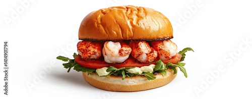 Isolated on white, luxury shrimp and lobster burger in buttery brioche bun with creamy aioli in studio lighting