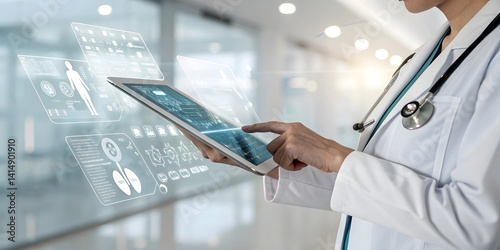 Healthcare professional using smart technology modern hospital medical data analysis high-tech environment close-up view innovation
