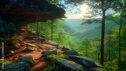 Forest scene with light piercing trees A trail overhangs rocks in the foreground showcasing a lush green valley in the