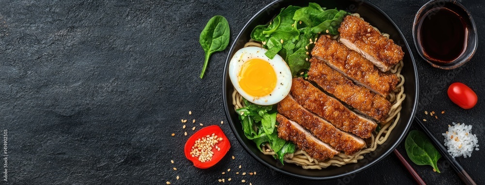 Bowl of sanos ramen featuring breaded chicken, eggs, spinach, and fresh vegetables served in a close-up composition