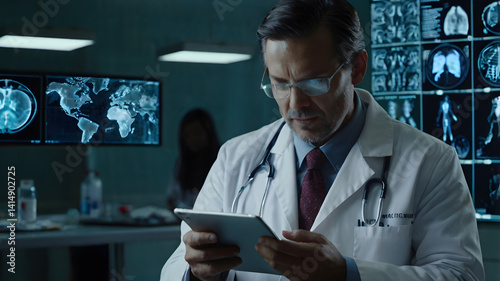 Medical professional analyzing patient data hospital digital health records clinical environment close-up view healthcare technology