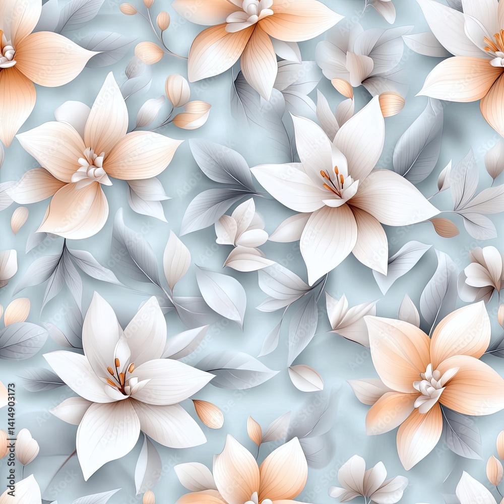 Large orange and pink flowers with white petals and grey leaves on a light blue background create a vibrant seamless pattern SEAMLESS PATTERN