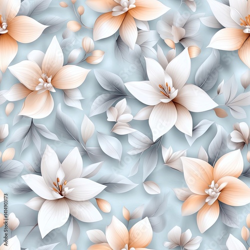 Obraz na płótnie Large orange and pink flowers with white petals and grey leaves on a light blue background create a vibrant seamless pattern SEAMLESS PATTERN w salonie