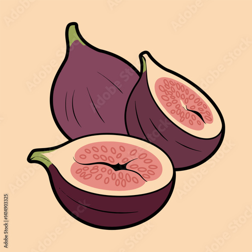 Fresh Fig Fruit Illustration with Whole and Cut Halves