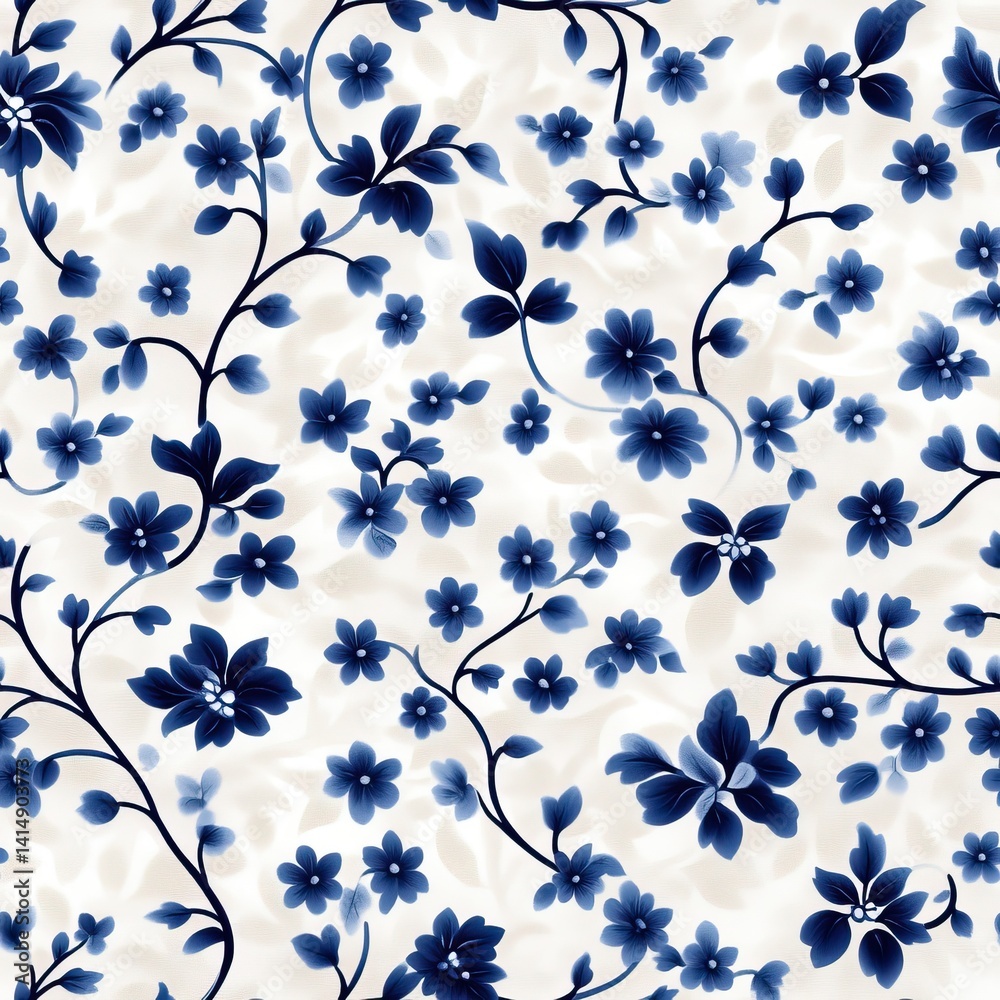 Elegant blue and white floral pattern in French chinoiserie style on a cream background with intricate design details SEAMLESS PATTERN