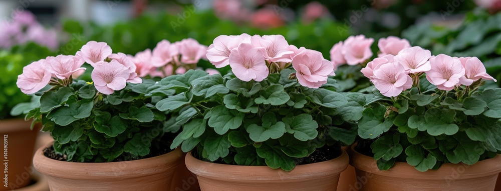 Bright pink geraniums blooming in stone pots along the edge of a vibrant outdoor garden bed filled with greenery