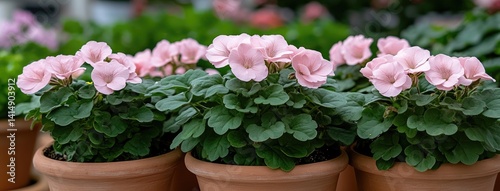 Obraz na płótnie Bright pink geraniums blooming in stone pots along the edge of a vibrant outdoor garden bed filled with greenery w salonie