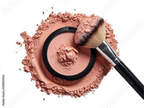 Elegant blush brush rests on a bed of loose powder, highlighting the beauty and texture of cosmetic products perfect for beauty related contents