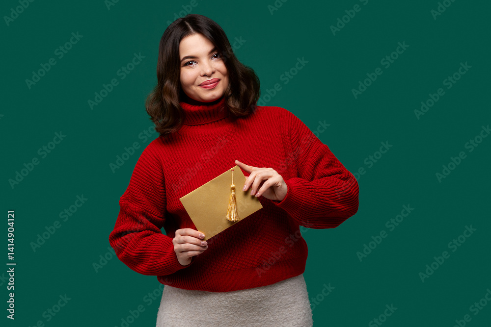 Smiling woman in a red sweater holding a golden envelope with a tassel, looking elegant Smiling woman in a red sweater holding a golden envelope with a tassel, looking elegant