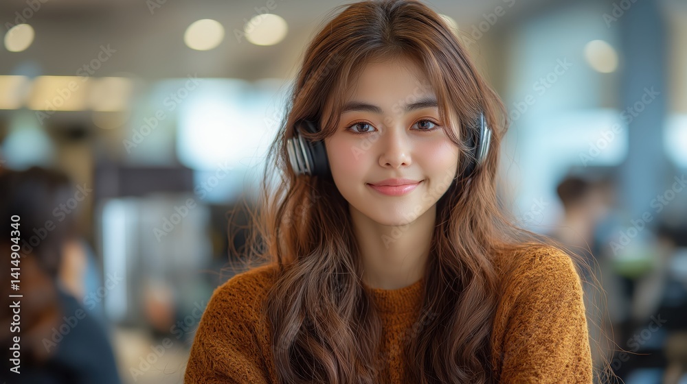 Friendly Asian woman assists clients at modern call center during a busy afternoon shift Friendly Asian woman assists clients at modern call center during a busy afternoon shift