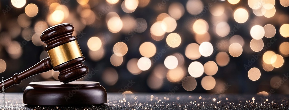 Close-up of a wooden gavel resting on a table with blurred bokeh lights in the background for legal and judicial themes