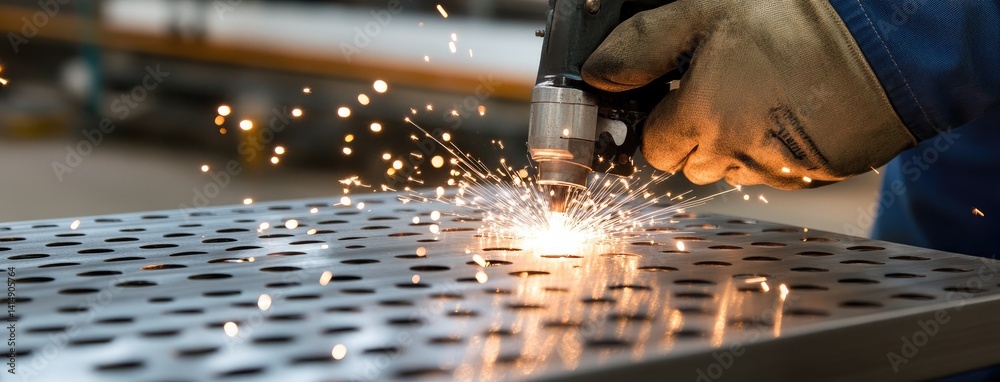 Close-up of a worker welding metal in a modern factory workshop with sparks flying and focused craftsmanship