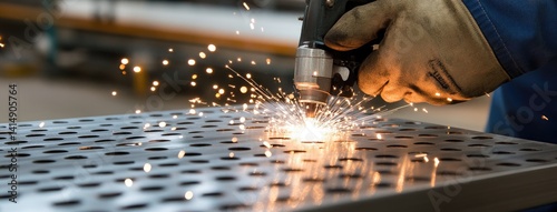 Obraz na płótnie Close-up of a worker welding metal in a modern factory workshop with sparks flying and focused craftsmanship w salonie