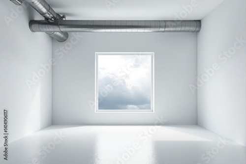 Empty Room with Industrial Piping and a Window Showing a Cloudy Sky