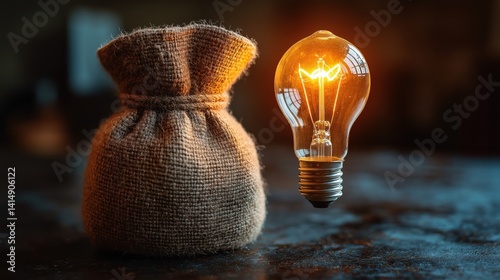 Obraz na płótnie Symbolic representation of financial wisdom featuring a money bag and a glowing lightbulb reflecting smart choices w salonie