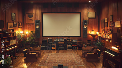 Warm wood interior with screen speakers and vintage electronics Cozy chairs invite relaxation