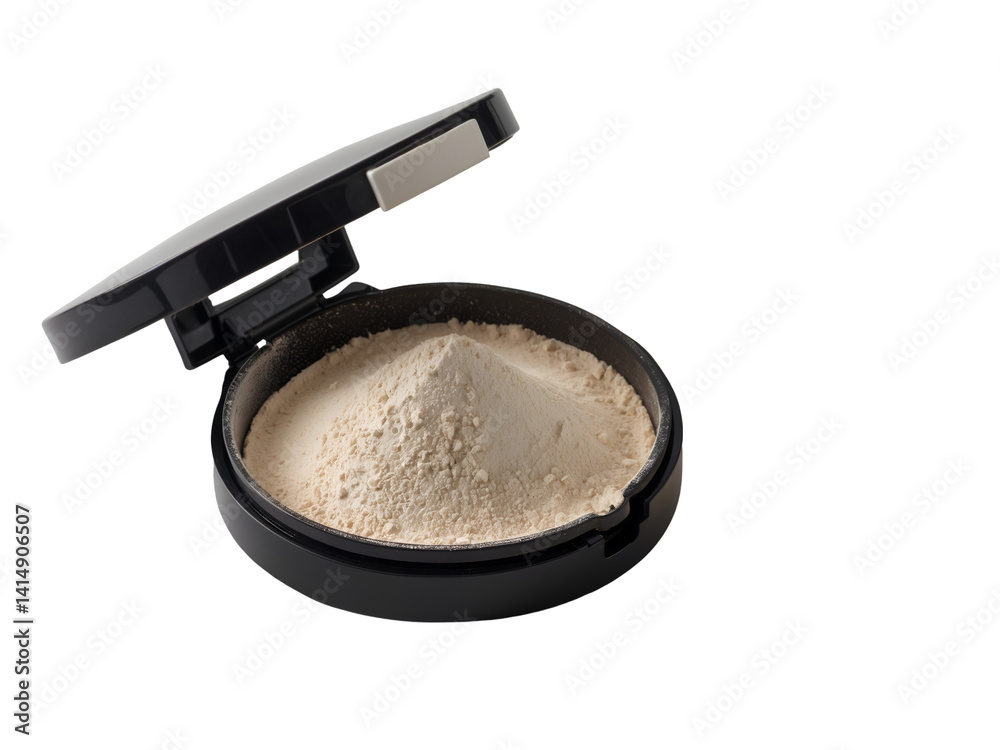 Elegant Pressed Powder Presentation, A Detailed Studio Shot Showcasing Fine Cosmetic Powder in a Sleek Black Compact Case on a Clean Background for Beauty and Personal Care Concepts