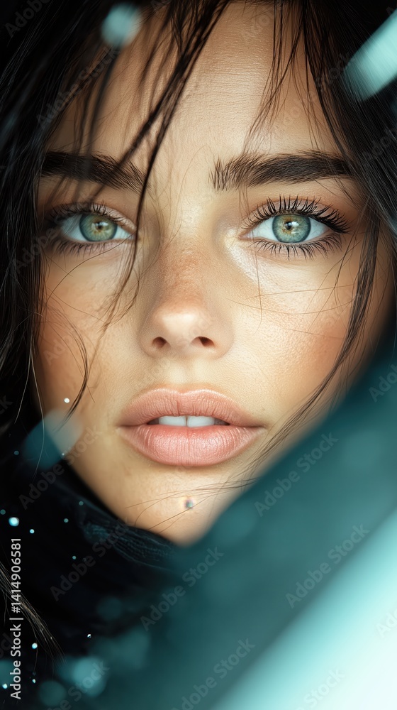Captivating gaze of a woman with striking blue-green eyes and natural makeup, softly illuminated in a serene environment