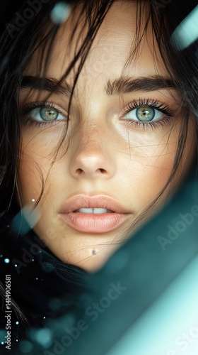 Captivating gaze of a woman with striking blue-green eyes and natural makeup, softly illuminated in a serene environment