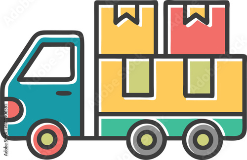 Delivery Truck Loaded with Boxes, Colorful Flat Design on Transparent Background