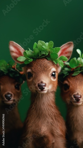 Obraz na płótnie Wild deer with leaf crowns display curious expressions in a vibrant green setting w salonie
