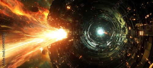 A colossal space elevator glows with futuristic tech, stretching from planet to orbital ring amid swirling stars and galactic brilliance.

