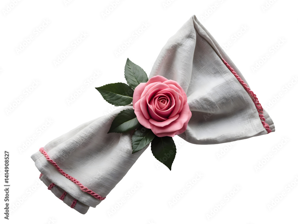Elegant presentation of a folded white napkin adorned with a delicate pink rose and green leaves, creating a serene and sophisticated table setting detail
