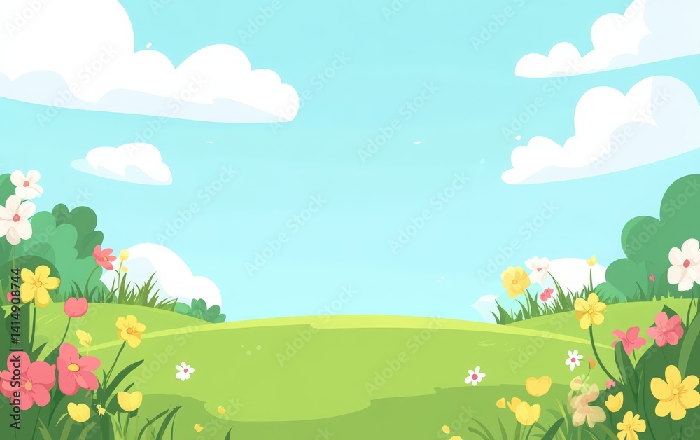 spring cartoon landscape with flowers and empty white frame for text spring cartoon landscape with flowers and empty white frame for text
