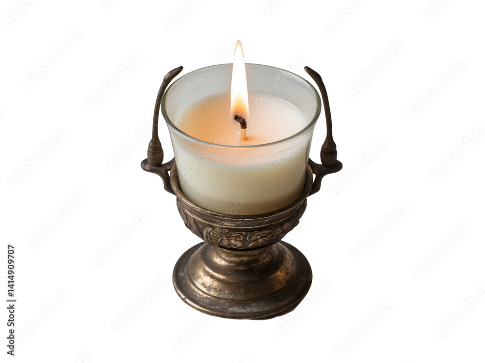Elegant tea candle in a vintage holder, radiating warmth and serenity, captured in a studio setting showcasing its intricate details and timeless charm