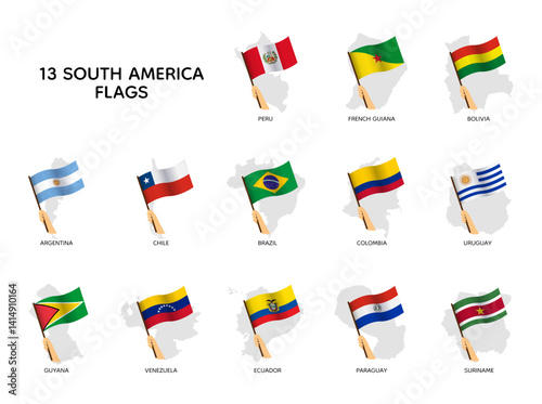 Set of South American flags holding by hand