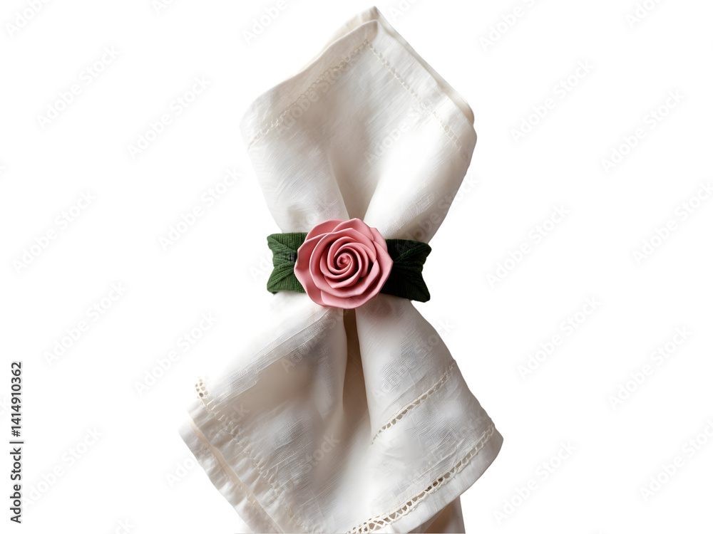 Elegant table setting featuring a neatly folded napkin adorned with a delicate pink rose napkin ring, ideal for sophisticated dining and special events showcasing refined taste