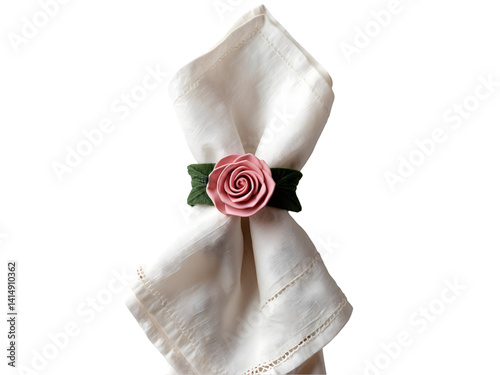 Obraz na płótnie Elegant table setting featuring a neatly folded napkin adorned with a delicate pink rose napkin ring, ideal for sophisticated dining and special events showcasing refined taste w salonie