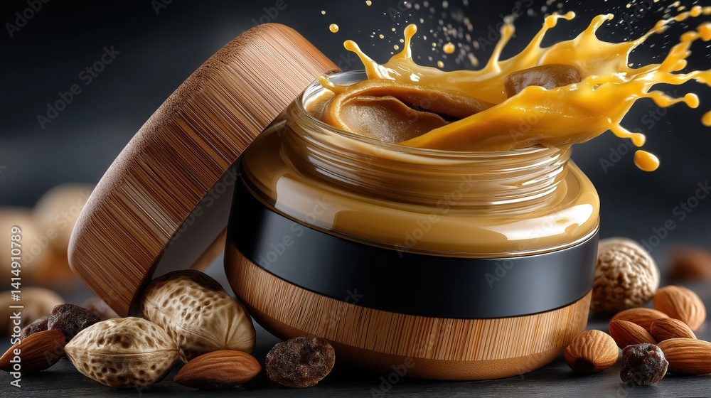 Clean and modern nut butter jar mockup showcasing almond or peanut spread with splash effect