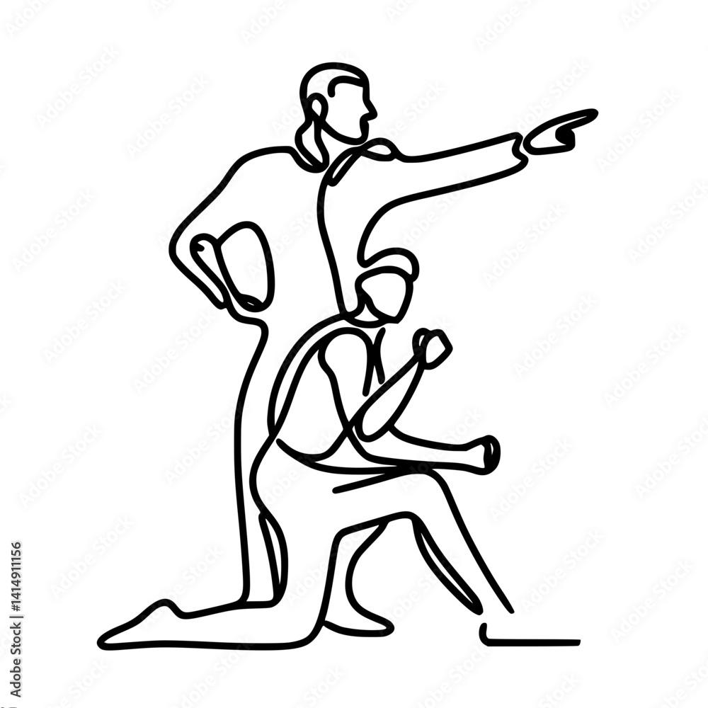 Coach and wrestler in linear drawing on simple background, vector line Coach and wrestler in linear drawing on simple background, vector line