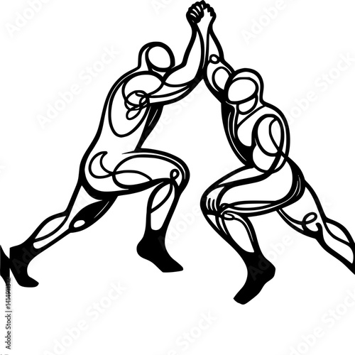 Two abstract figures engaging in a struggle in a dynamic pose  