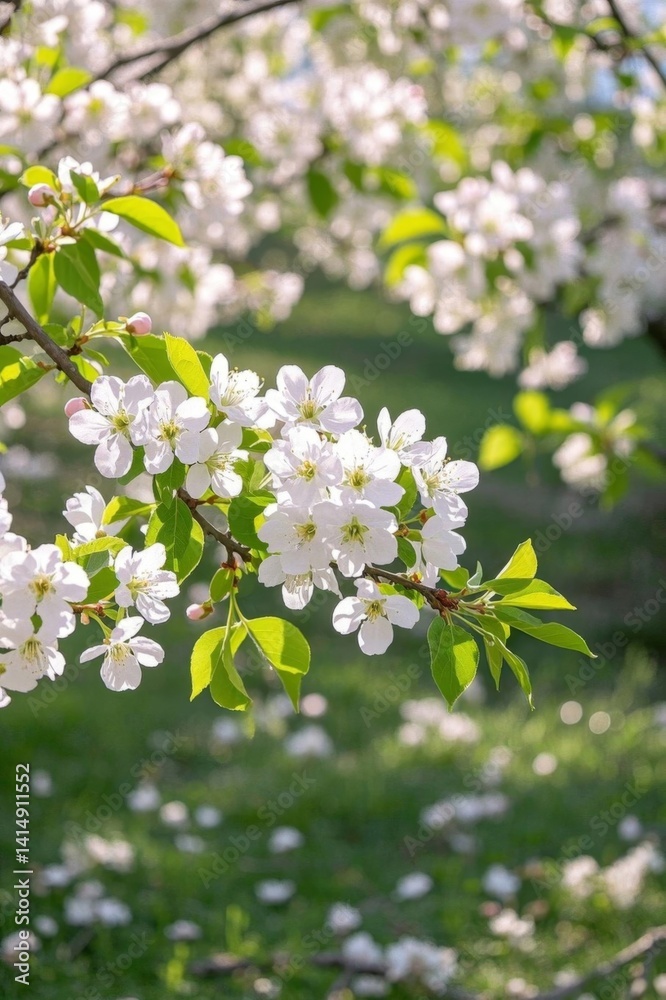 there is a tree with white flowers in the grass