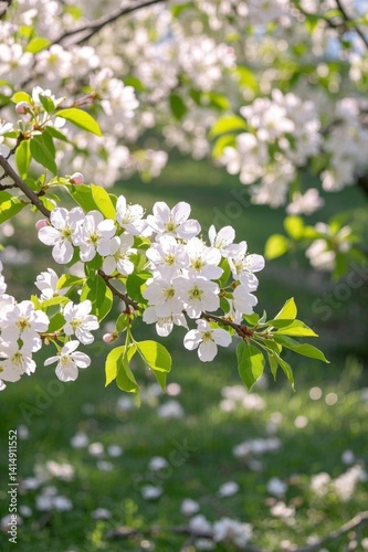 there is a tree with white flowers in the grass
