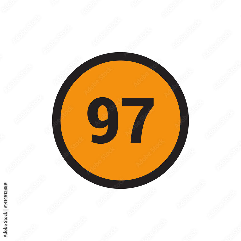 97 Number icon vector Orange Circle with Black design