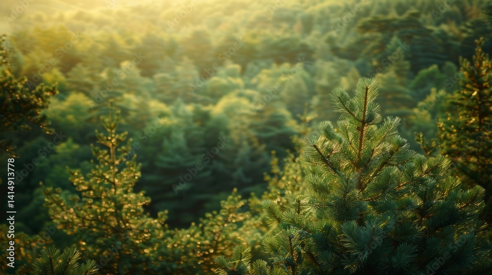 Sunlit Pine Forest: Serene Green Tree Canopy, Tranquil Nature Scene Sunlit Pine Forest: Serene Green Tree Canopy, Tranquil Nature Scene