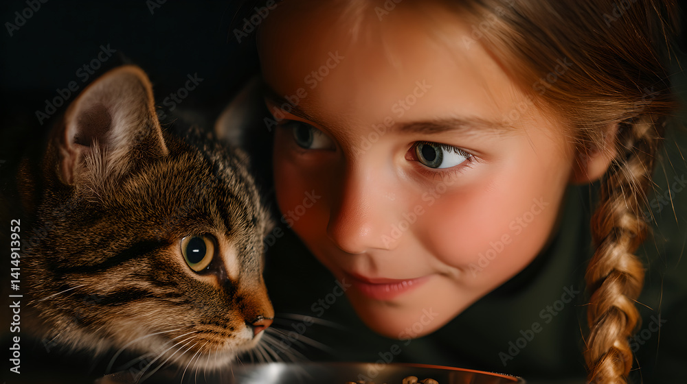 Girl and Tabby Cat Sharing an Intimate Moment in Warm Golden Light