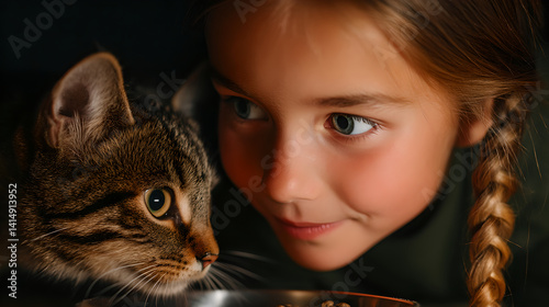 Obraz na płótnie Girl and Tabby Cat Sharing an Intimate Moment in Warm Golden Light w salonie