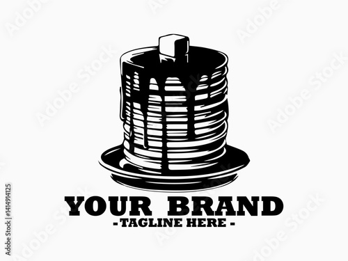 illustration of a tall stack of round pancakes topped with a melting pat of butter and dripping sweet syrup on a plate. Food pancakes concept, food pancakes vector design and pancakes logo design