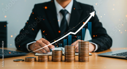 Businessman analyzing financial growth with coins and upward trending graph on the desk top selling, purchase, agreement, $ marketing, ads, ai, man, treding,