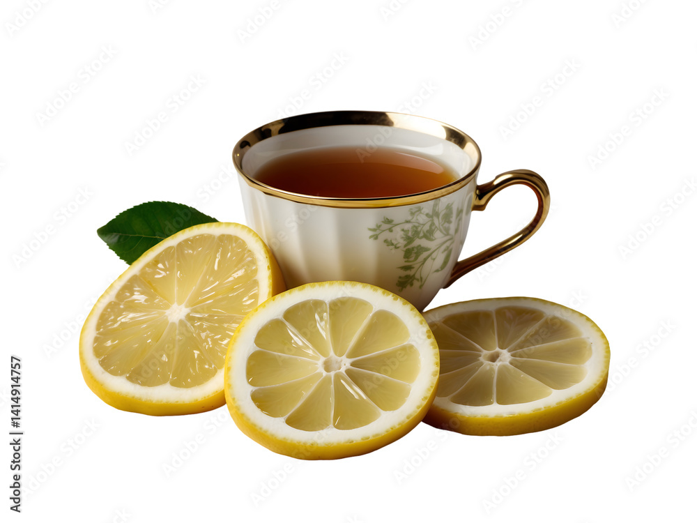 Elegant Tea Time Still Life, Lemon Slices Accentuate a Refined Teacup with a Golden Rim, Inviting a Moment of Refreshment and Sophistication in a Minimalist Setting