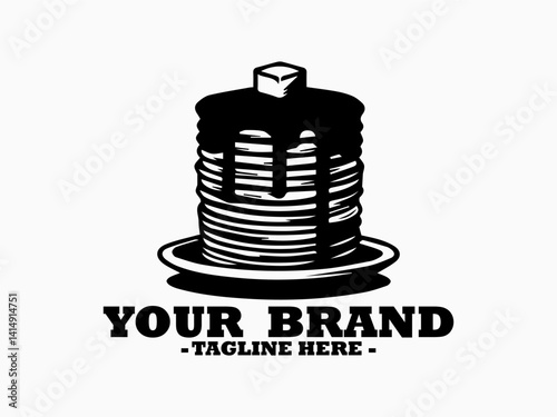 illustration of a tall stack of round pancakes topped with a melting pat of butter and dripping sweet syrup on a plate. Food pancakes concept, food pancakes vector design and pancakes logo design