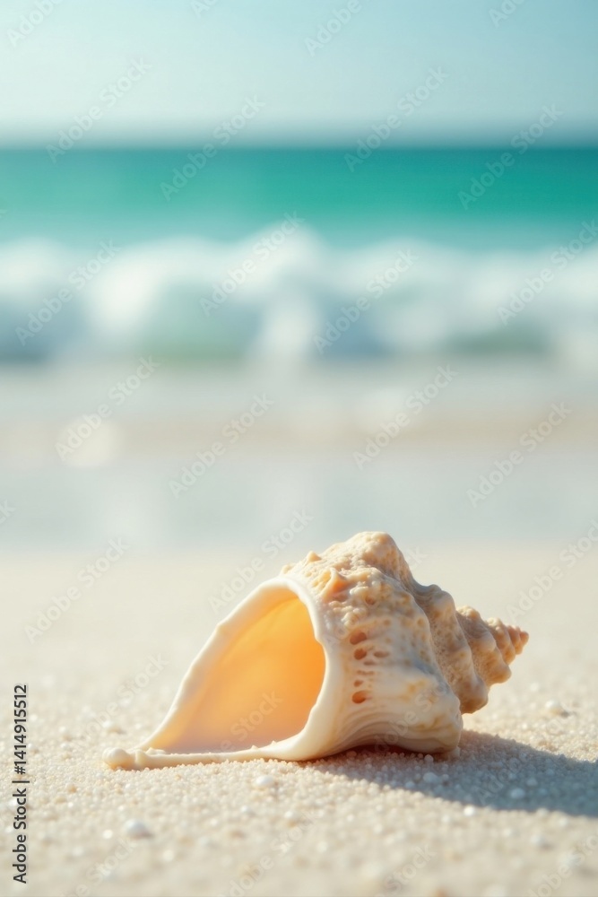 Seashell on a sun-drenched beach with a tranquil ocean backdrop Seashell on a sun-drenched beach with a tranquil ocean backdrop