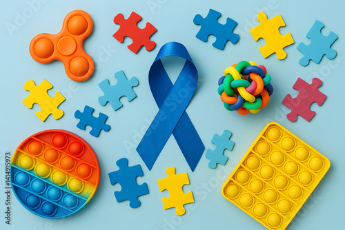 Bright autism awareness composition with puzzle pieces, blue ribbon, pop it toys and colorful sensory objects