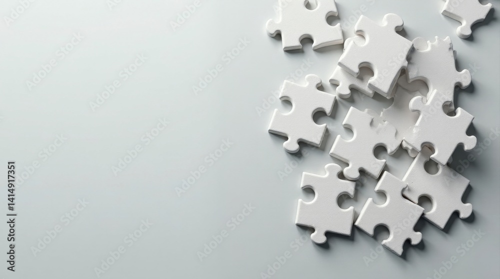 Obraz premium Unassembled White Jigsaw Puzzle Pieces on a Light Gray Surface, Ready for Strategic Connection and Problem Solving