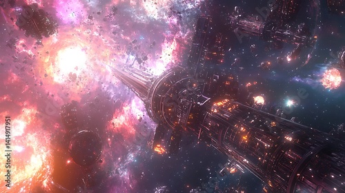 A radiant elevator pierces the sky, linking a planet to its orbital ring amid futuristic lights and celestial cosmic splendor.

