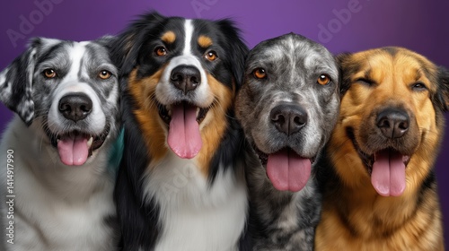 Happy little dogs posing together in colorful studio collage with vibrant background details